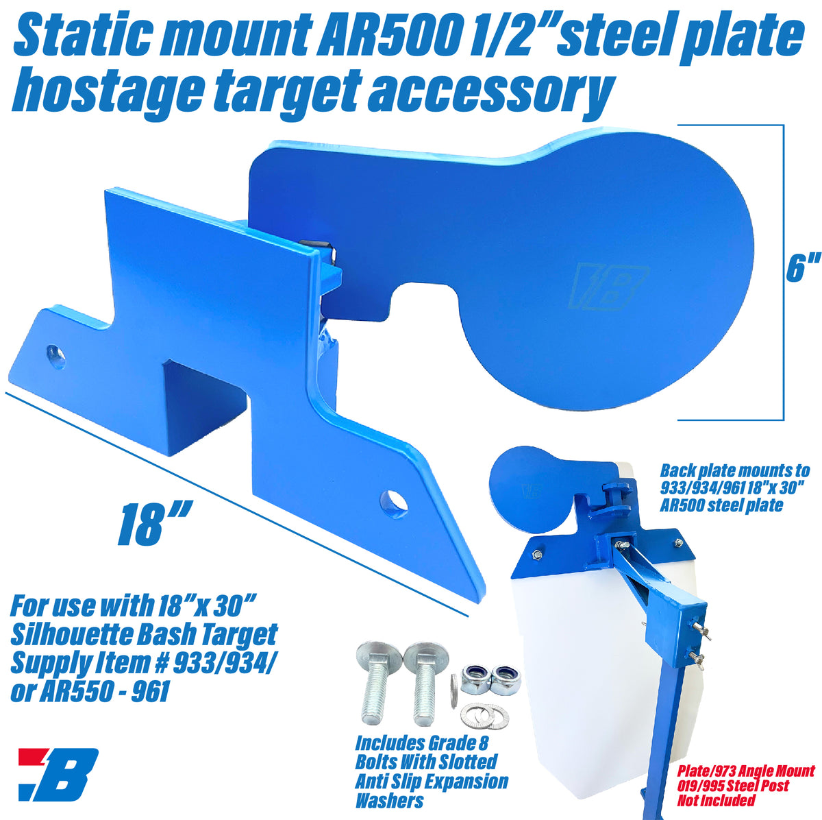Bash Targets Static Mount Hostage AR500 - to be used with 18x30 silhouette- 1/2"