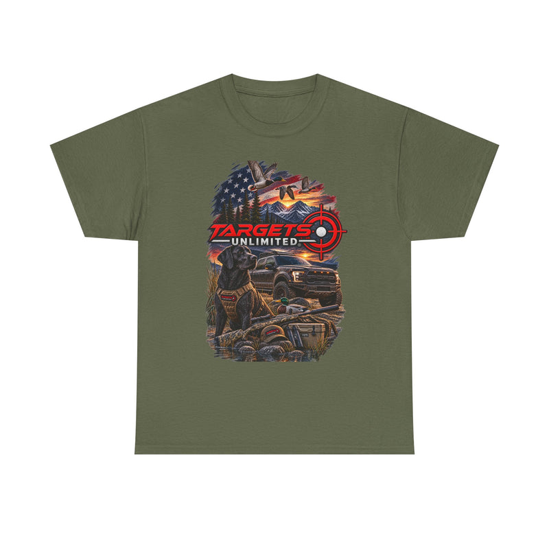 Targets Unlimited Hunting Graphic Tee — American Flag, Truck & Target Logo