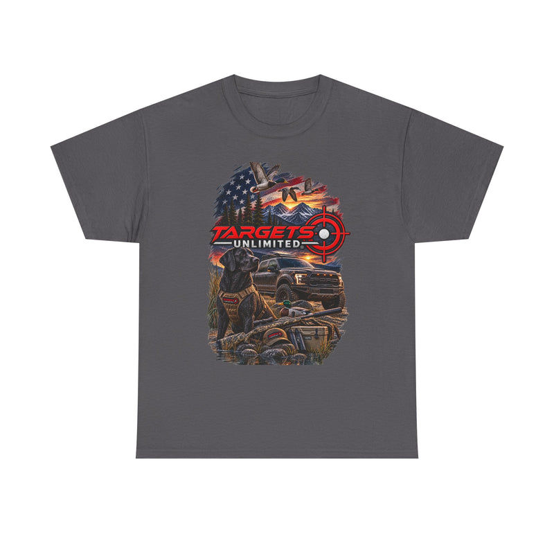 Targets Unlimited Hunting Graphic Tee — American Flag, Truck & Target Logo