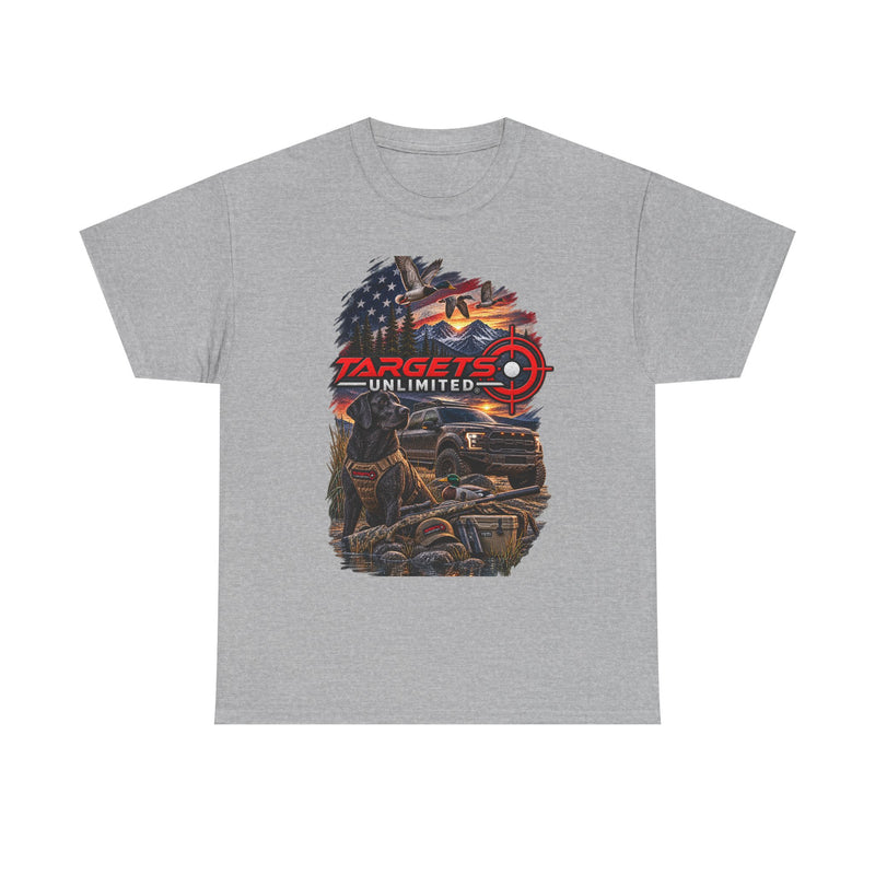 Targets Unlimited Hunting Graphic Tee — American Flag, Truck & Target Logo