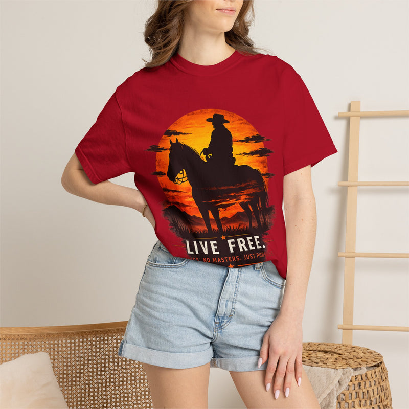 Live Free Cowboy Sunset T-shirt | Targets Unlimited Back Graphic