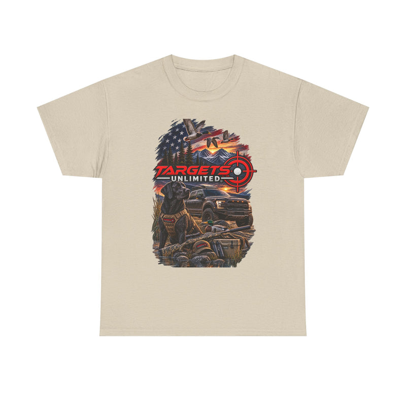 Targets Unlimited Hunting Graphic Tee — American Flag, Truck & Target Logo