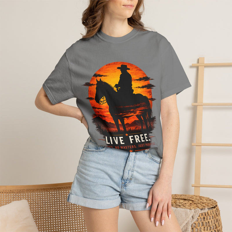 Live Free Cowboy Sunset T-shirt | Targets Unlimited Back Graphic