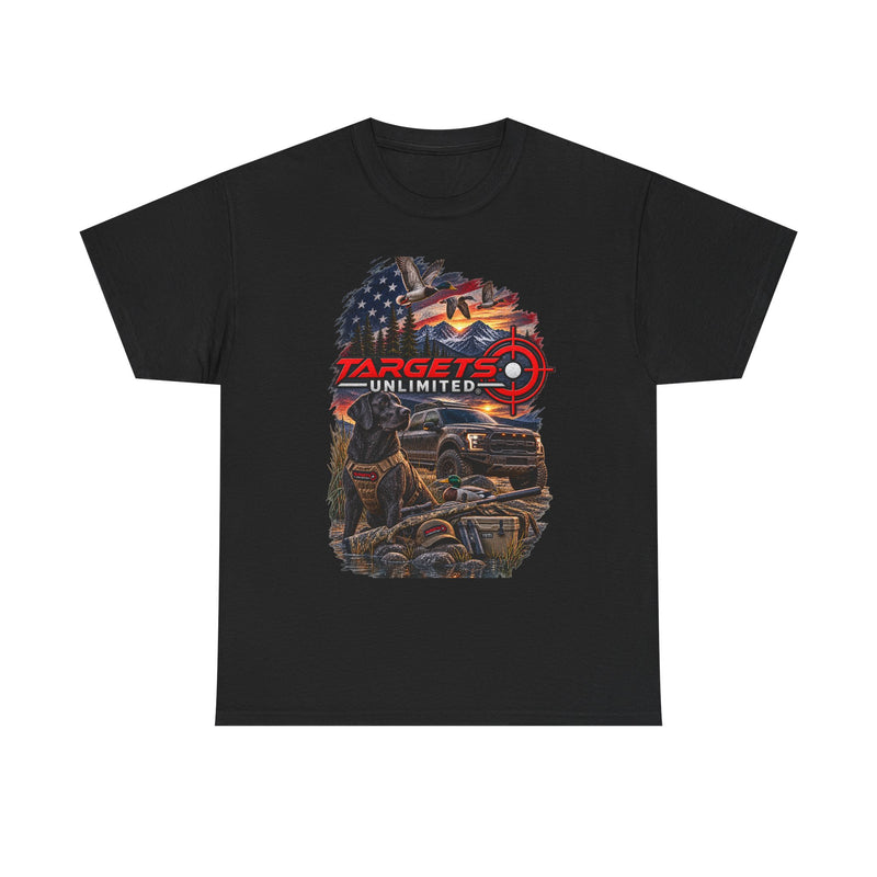 Targets Unlimited Hunting Graphic Tee — American Flag, Truck & Target Logo