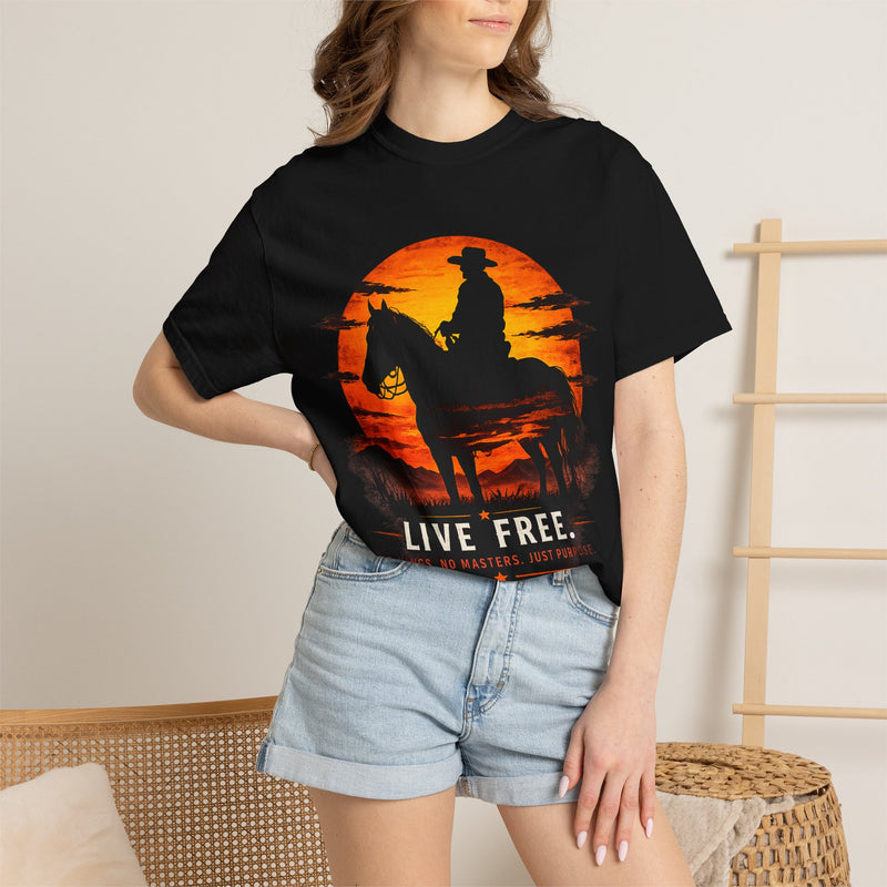 Live Free Cowboy Sunset T-shirt | Targets Unlimited Back Graphic