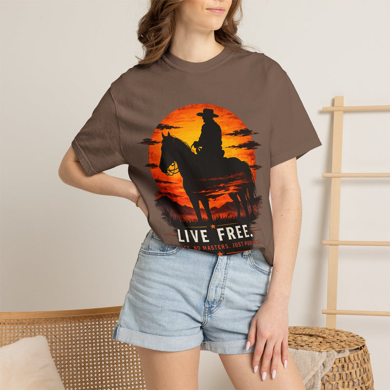 Live Free Cowboy Sunset T-shirt | Targets Unlimited Back Graphic