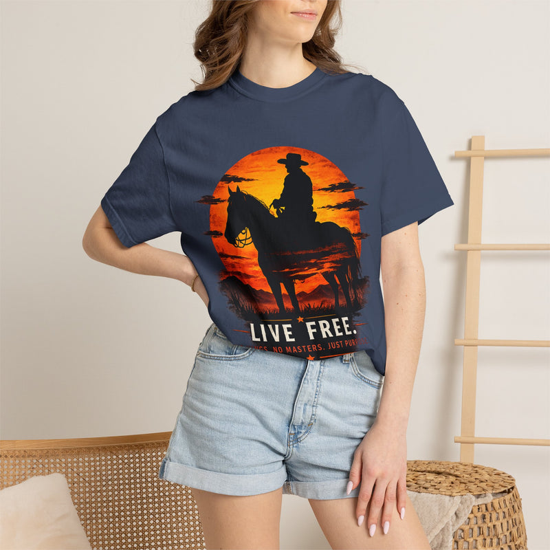 Live Free Cowboy Sunset T-shirt | Targets Unlimited Back Graphic