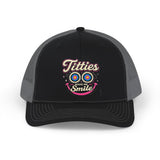 Titties Make Me Smile trucker cap in Black / Charcoal, front of the cap with the embroidered patch — image 6
