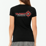 Shoot Like a Girl tee in Black from behind on a woman, large Targets Unlimited logo and web address — image 6