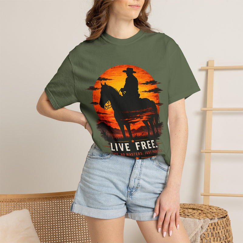 Live Free Cowboy Sunset T-shirt | Targets Unlimited Back Graphic