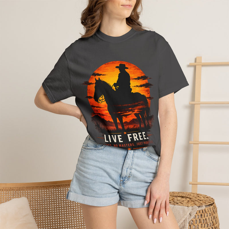 Live Free Cowboy Sunset T-shirt | Targets Unlimited Back Graphic
