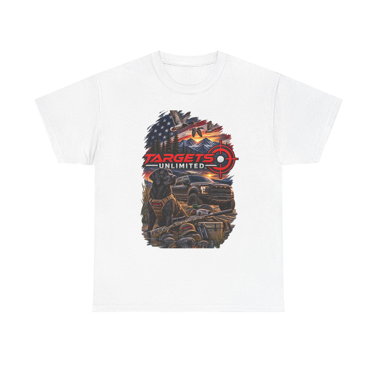 Targets Unlimited Hunting Graphic Tee — American Flag, Truck & Target Logo