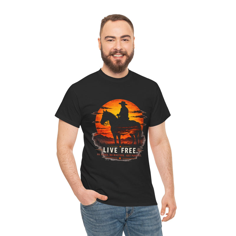 Live Free Cowboy Sunset T-shirt | Targets Unlimited Back Graphic