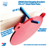 Bash horizontal AR500 hooks, set of 2, holding a red gong on a 2x4 crossbar