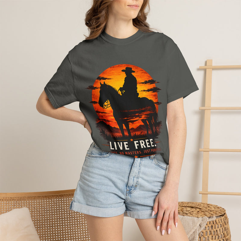 Live Free Cowboy Sunset T-shirt | Targets Unlimited Back Graphic