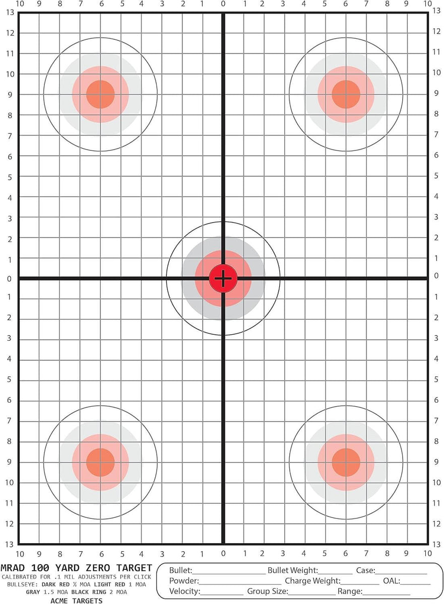 Target Ranging Reference Cards MRAD 100 Yard Zero Target — Targets Unlimited