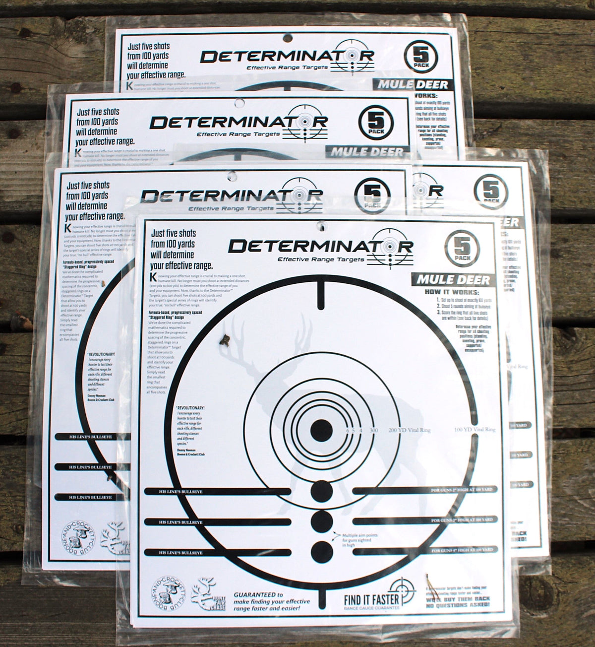 Determinator Mule Deer Obsession: five sealed target packs stacked on a wooden table