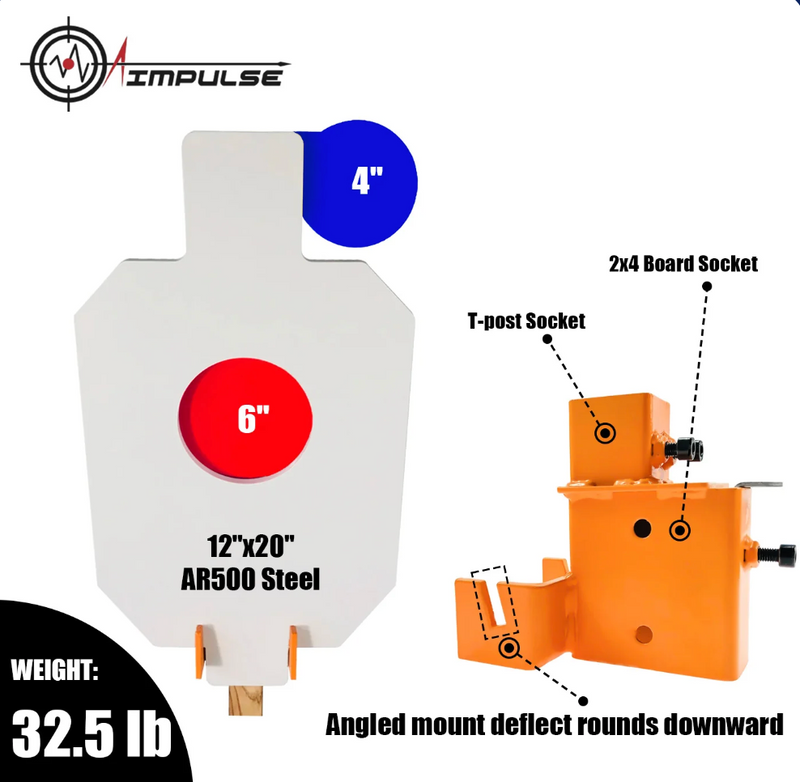 AIMPulse AR500 Steel Bullseye Hostage Target 3/8" w/ 2x4 T-Post Mounting Bracket