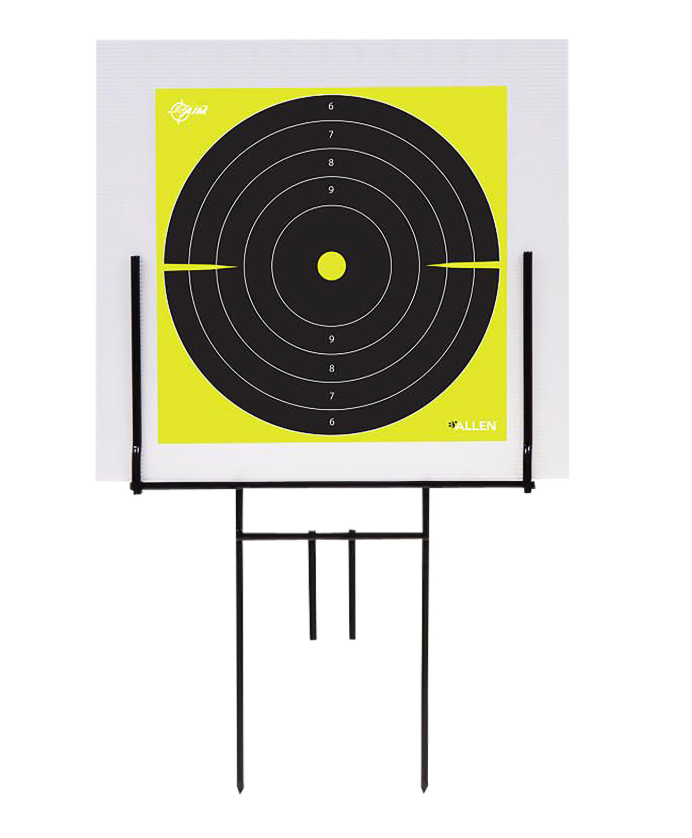 EZ-Aim portable range stand: black steel frame holding a yellow and black bullseye target