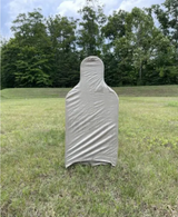 ESP thermal sleeve E-type target: gray fabric silhouette sleeve standing in a grass field