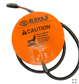 Steel target heater pad: round orange IR.Tools disc with Caution burn-hazard label and braided lead