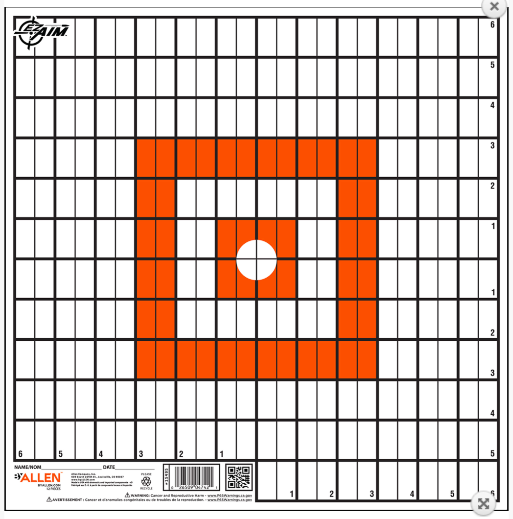 EZ-Aim 12" x 12" grid target: orange square aiming rings on a black and white grid
