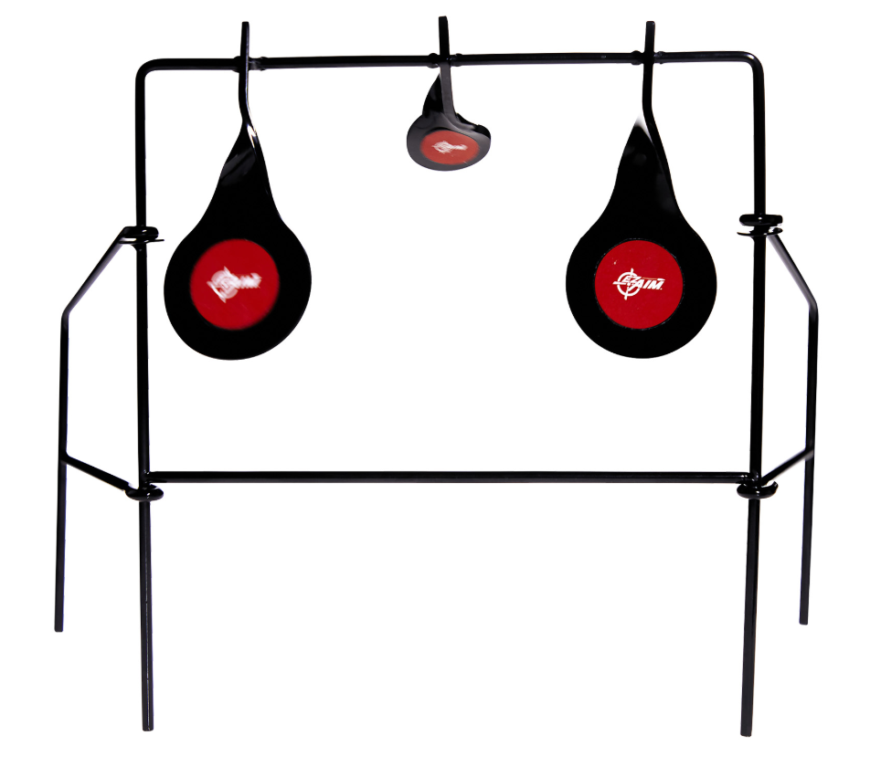 EZ-Aim 22 LR spinner target: steel frame with two black paddles with red centers and a small top spinner