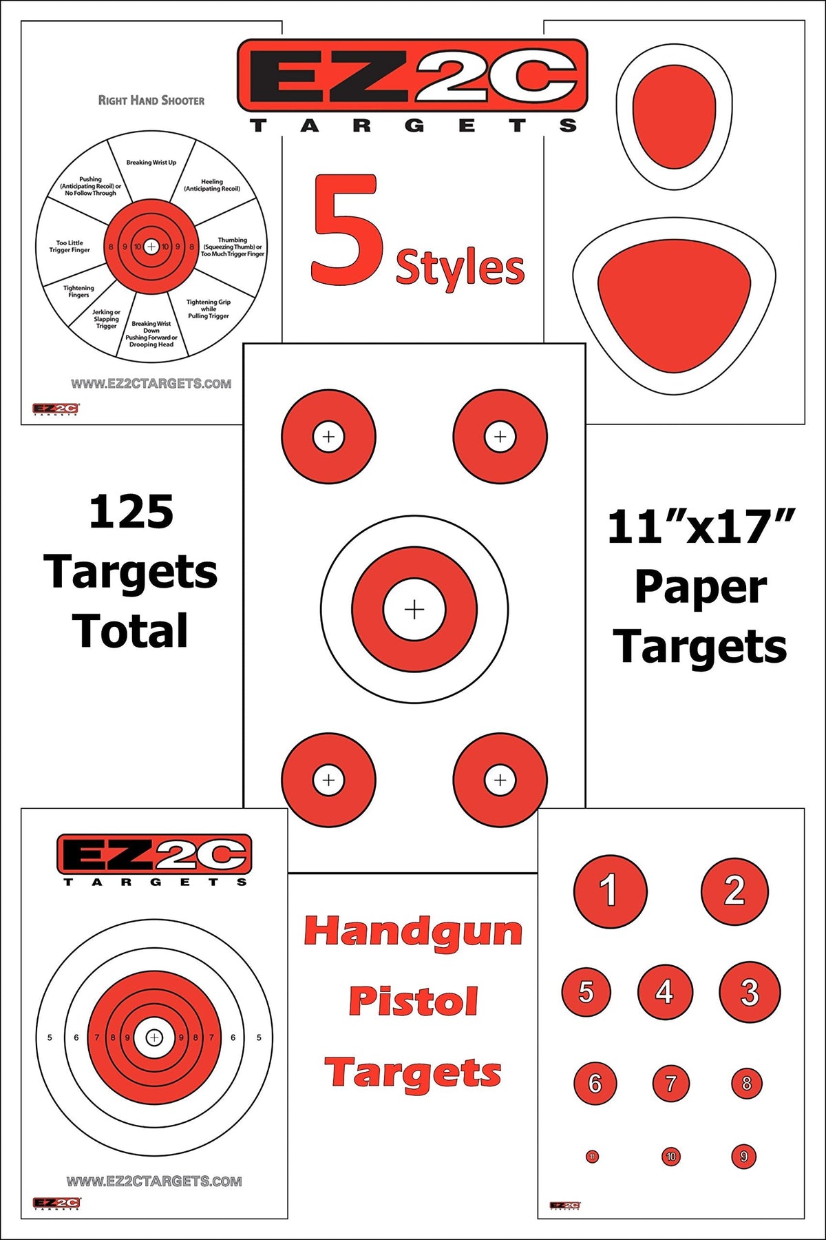 125 EZ2C Targets Favorites 5 Handgun Styles Paper Targets Bundle 11"x17" USA Made