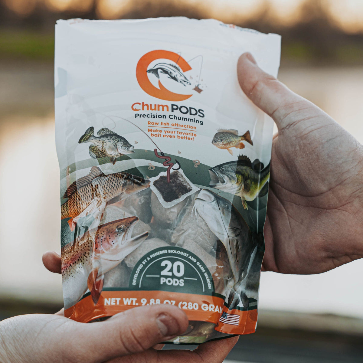 ChumPODS bag held in two hands outdoors, front label showing 20 pods