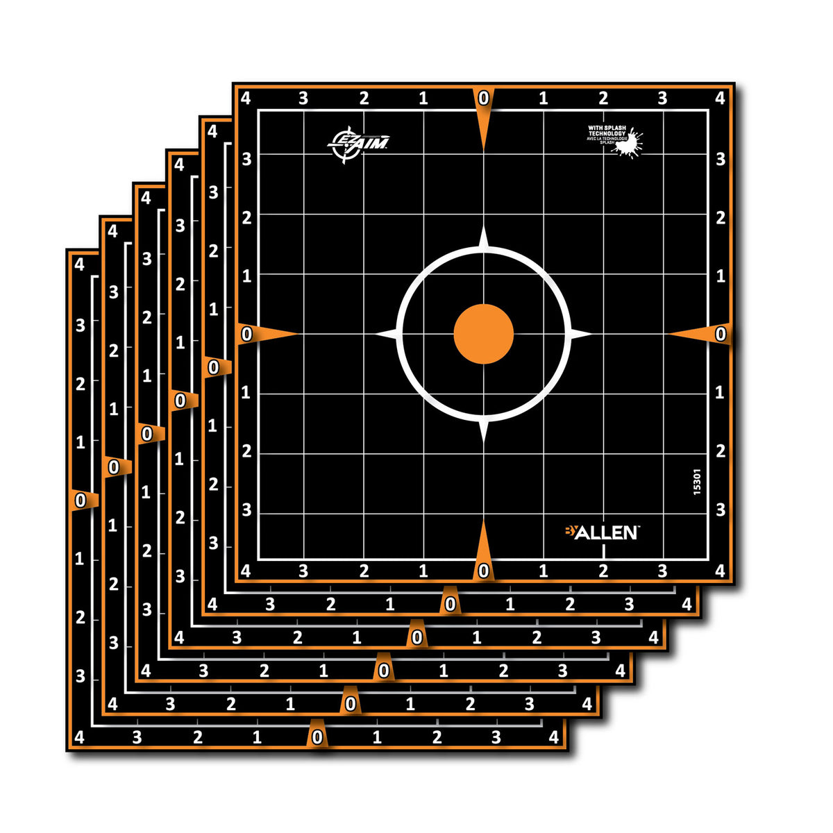 EZ-Aim splash 8" sight-in grid targets: stack of black grids with an orange center and orange edges