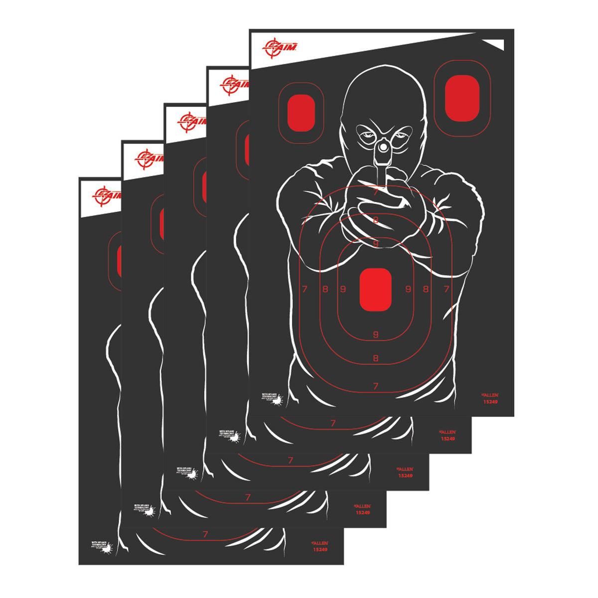 EZ-Aim splash bad guy silhouette targets: drawn man aiming a pistol, red hit zones, stacked