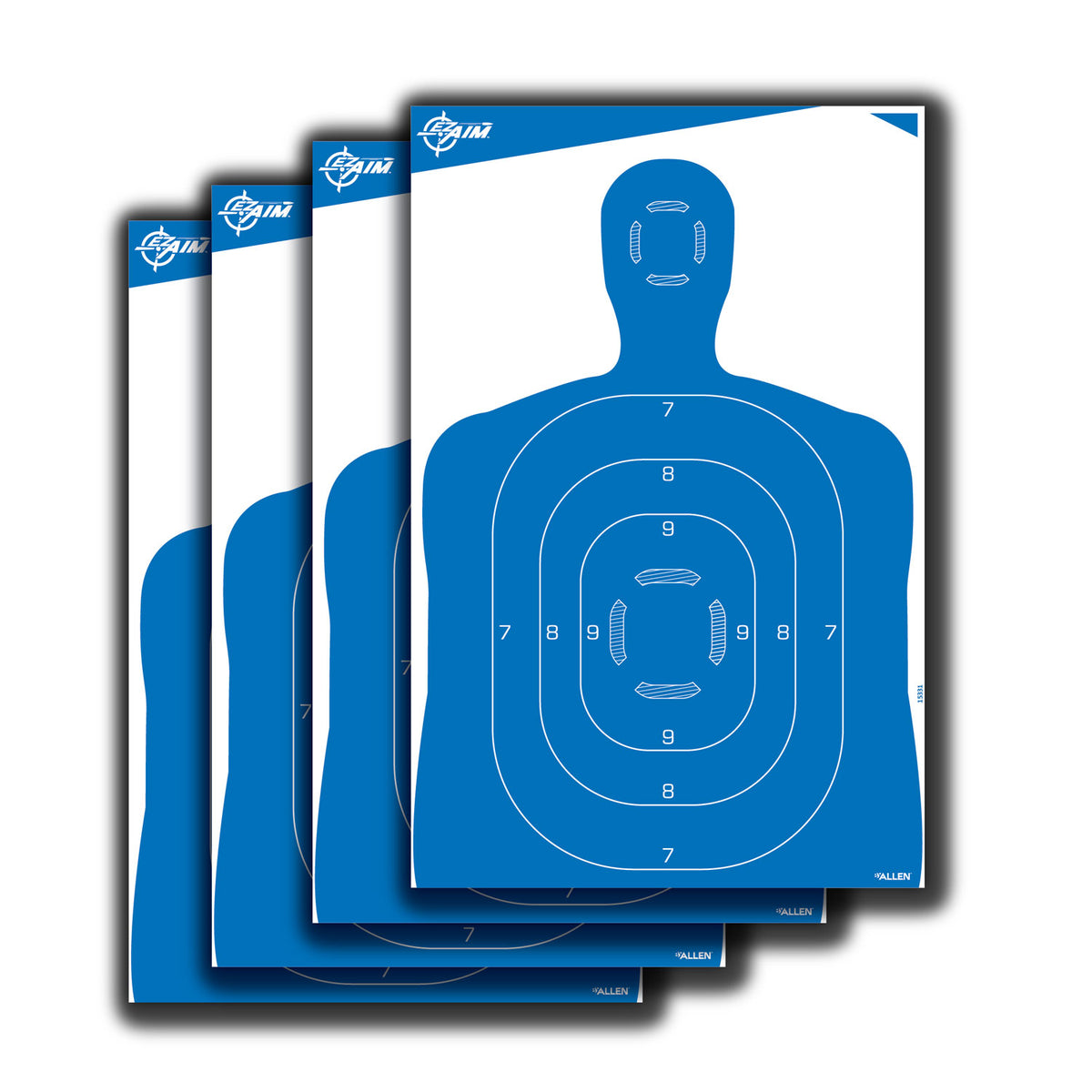 EZ-Aim 23" x 35" silhouette targets: four blue silhouette sheets fanned out