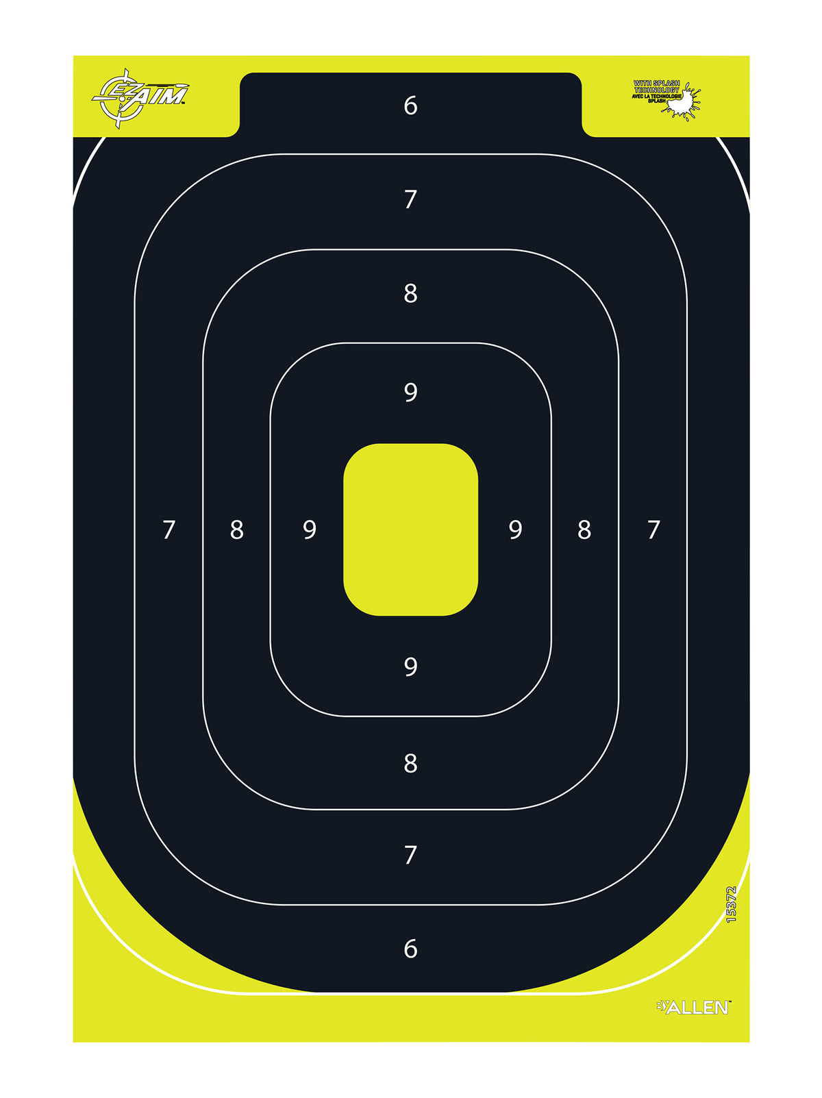 EZ-Aim splash IPSC silhouette target: black rounded silhouette with a yellow center on yellow