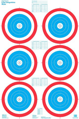 Gun Competition game target: six blue bullseyes with red outer rings and score boxes
