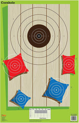 Cornhole game target: wooden board with a bullseye hole and red and blue bean bags