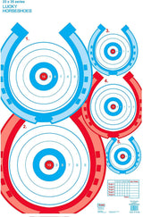 Horseshoes game target: blue and red horseshoe shapes around bullseye rings, with score box