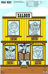 Wild West game target: saloon front with outlaw figures in the windows and doors