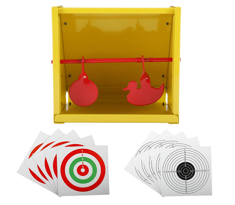 Metal Pellet Trap Target, Paper Target and Resetting Metal Silhouettes