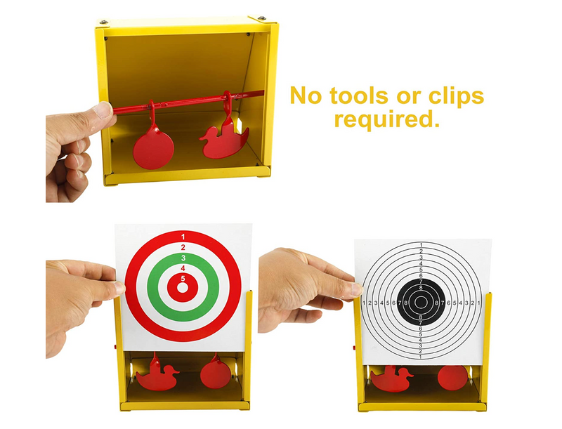 Metal Pellet Trap Target, Paper Target and Resetting Metal Silhouettes