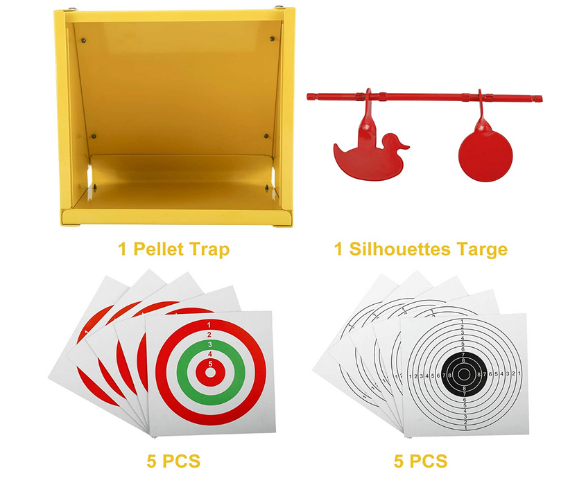 Metal Pellet Trap Target, Paper Target and Resetting Metal Silhouettes