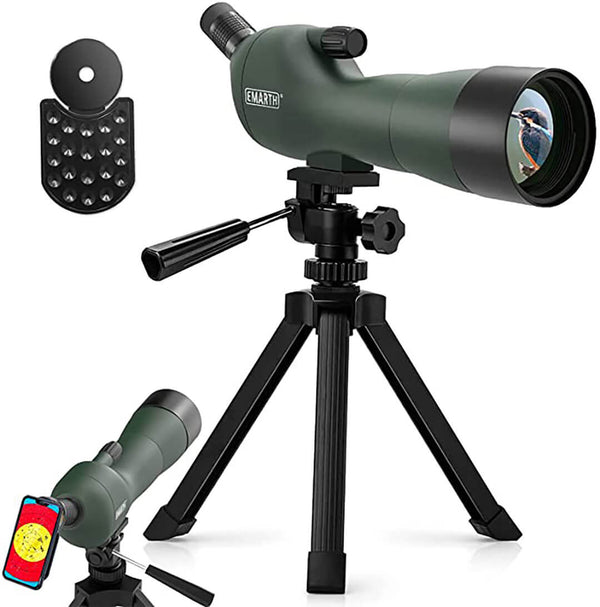 EMARTH angled spotting scope on a tripod, with a phone adapter and phone mount inset