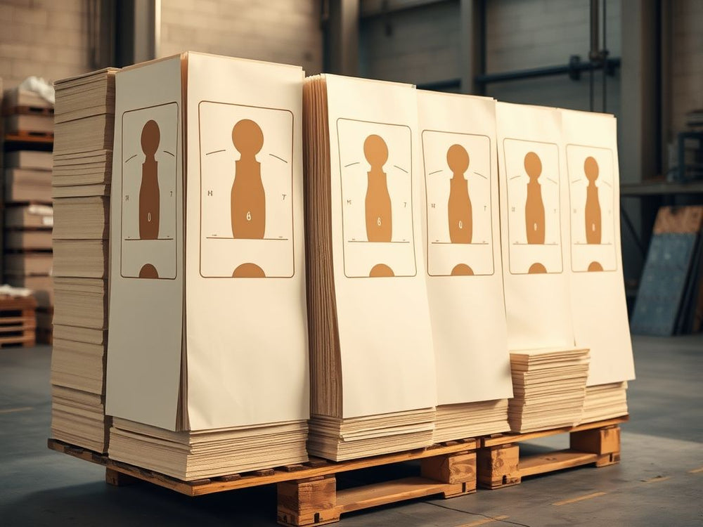 Pallets of freshly printed paper silhouette targets stacked in the print shop