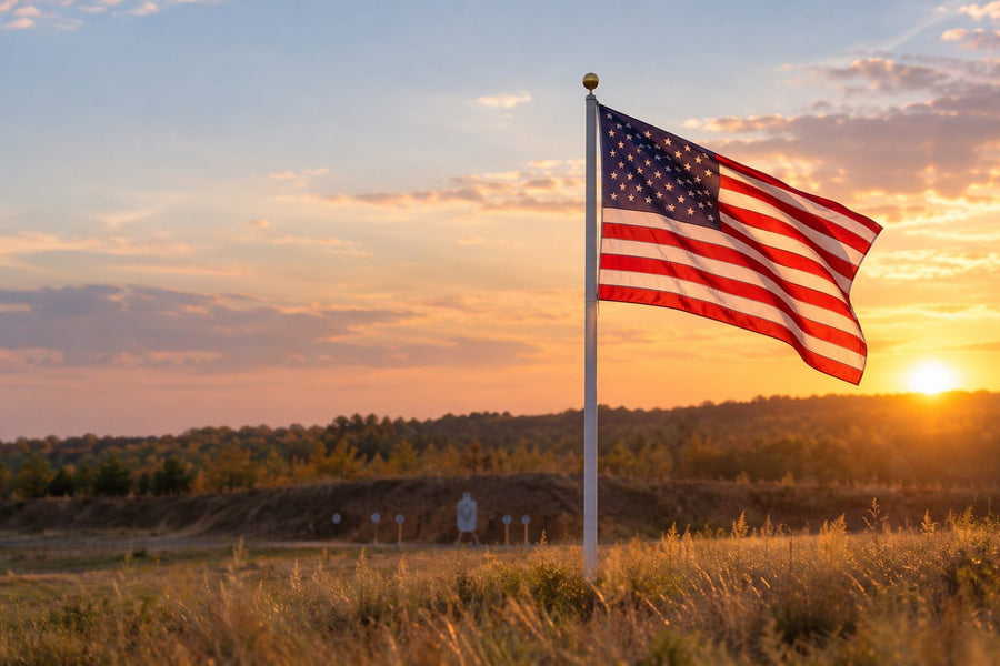 An American flag flying over an outdoor shooting range at sunset